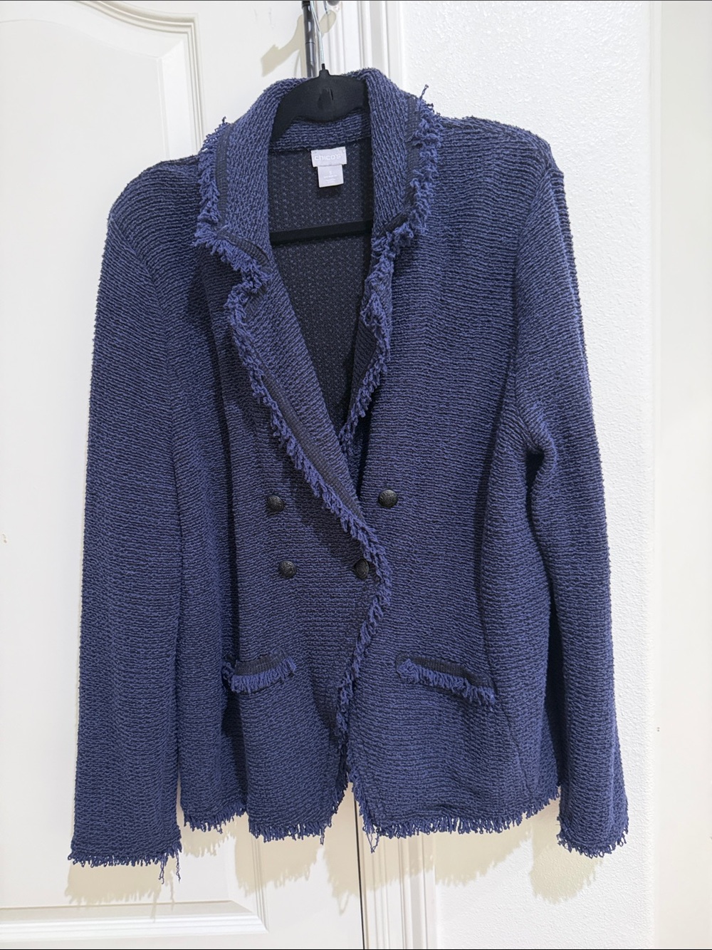 Chicos size XL blue and black crochet tweet blazer cardigan